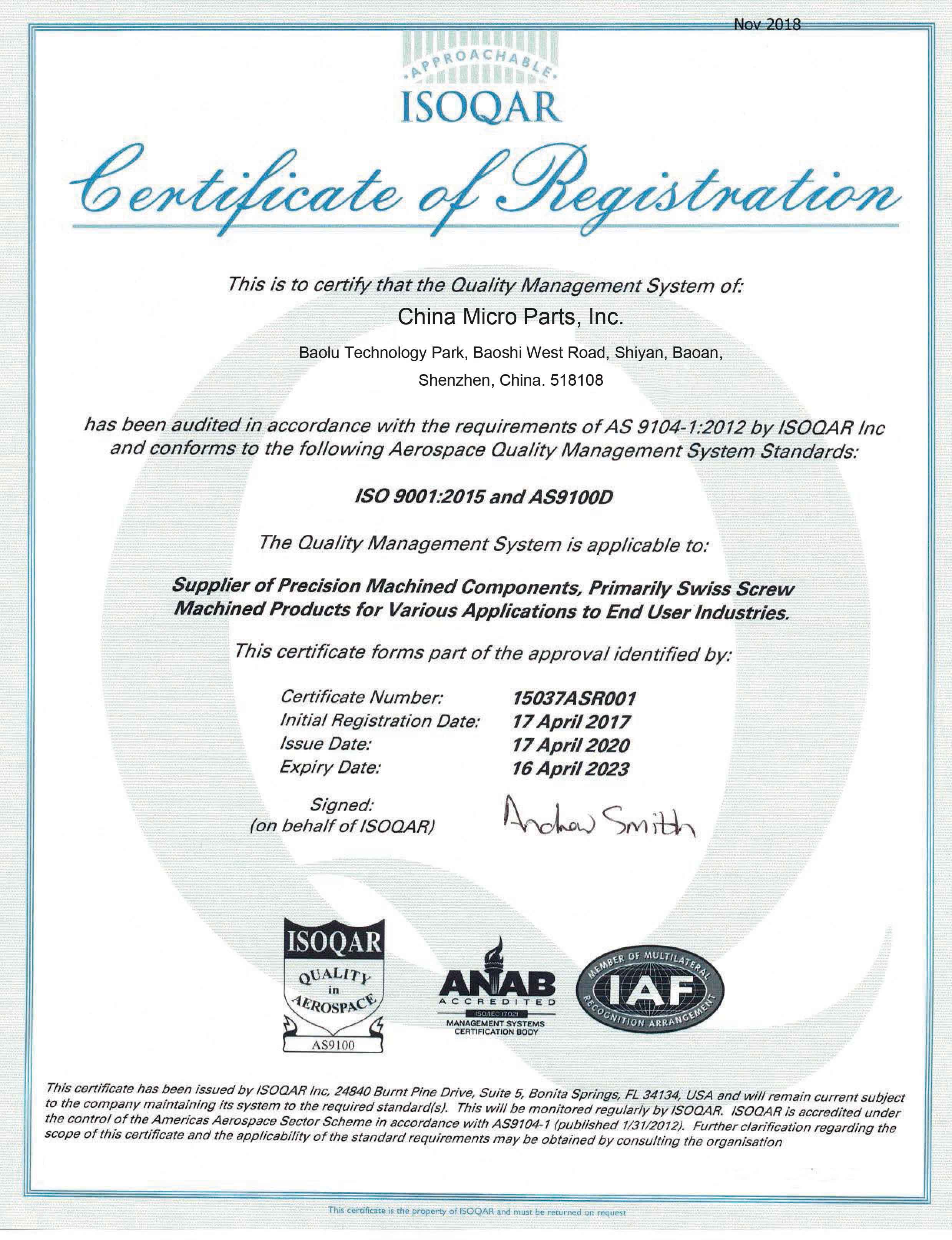 China Micro Parts AS9100 rev D Certificate